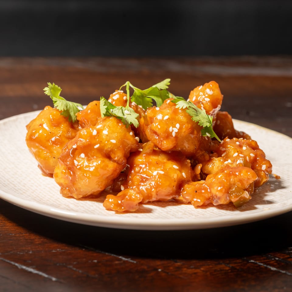 Orange chicken with sesame seeds and cilantro on a white plate, on a dark wooden table.