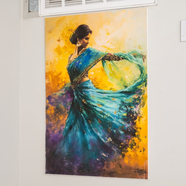 Vibrant painting of a woman in a flowing blue and green sari against a yellow and purple background.