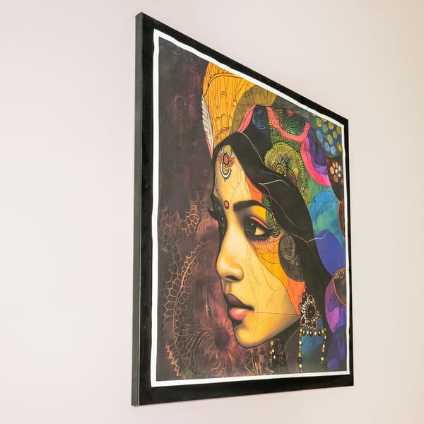 Colorful painting of a woman's profile with intricate patterns and a dark background.